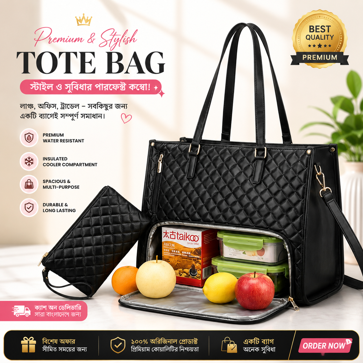 Women's Premium Lunch Tote & Pouch Set  (Black)