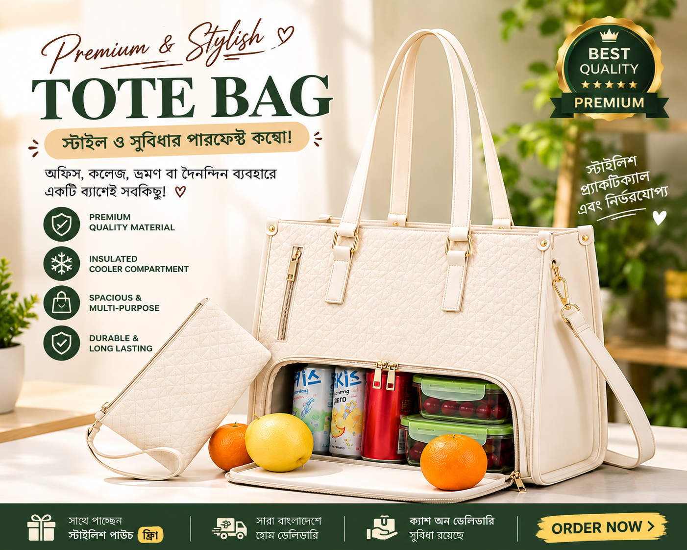Women's Premium Lunch Tote & Pouch Set (Cream)